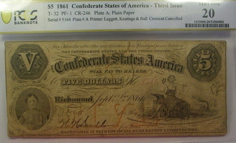 1861 T-32 $5 The Confederate States of America Note - CIVIL WAR Era PCGS VF20