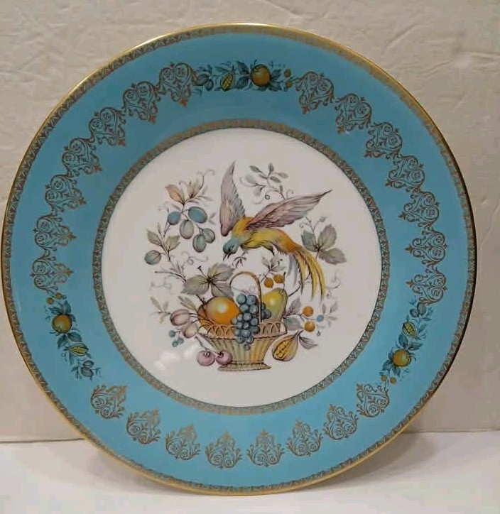 Aynsley England 11" Dinner Plate - Turquoise w/ Gold Gilt - Bird & Fruit Basket