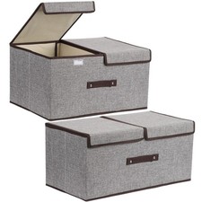 2 Pack Large Storage Boxes with Lids and Handles, Collapsible Linen Storage Bins