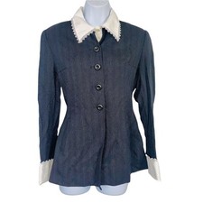 Womens Blazer S Black Pin Striped Fitted Long Sleeve Attached Blouse Cuffs
