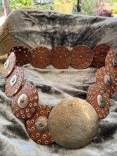 VTG Authentic 70s Morocco Silver Tone Leather Wide Disc Boho Hippie Concho Belt