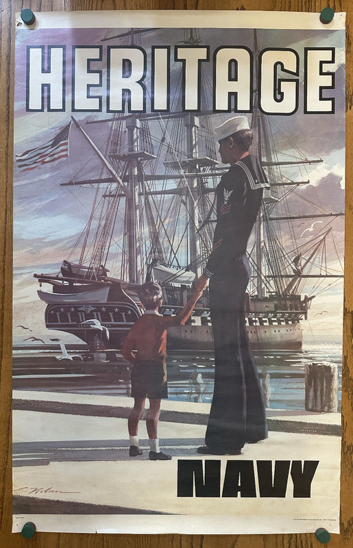 Vintage U.S. Navy "Heritage" Recruitment Poster – Sailor & Boy with Tall Ship (2