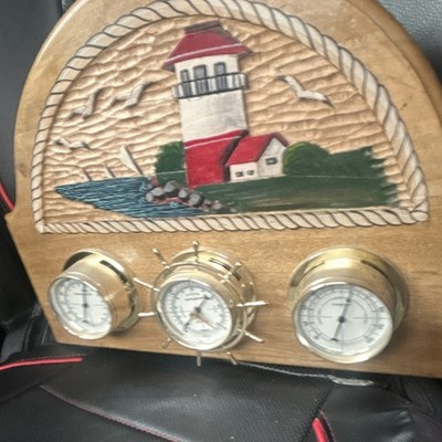 Wooden Lighthouse Wall Weather Station Barometer Thermometer Hygrometer Plaque
