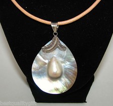 NEW 18" TAN LEATHER NECKLACE 3D TEAR DROP MABE PEARL+STERLING SILVER PENDANT