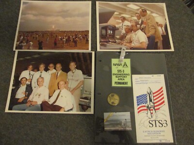1982 NASA STS-3 SPACE SHUTTLE COLUMBIA LAUNCH 1st GEN PHOTOS + FLOWN METAL+BADGE