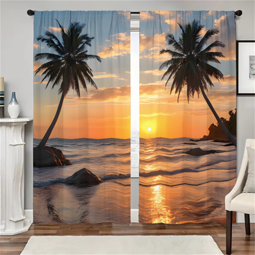 2Pcs Tropical Palm Tree Sunset Beach Curtains for Living Room Bedroom Kitchen