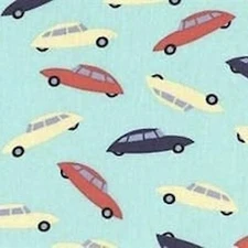 Dear Stella French Cars Tossed Mint Green 100% Cotton Fabric by The Yard