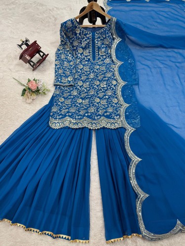PARTY WEAR HEAVY FAUX GEORGETTE SHARARA SUIT WITH DUPATTA FOR WOMEN & GIRLS - Picture 5 of 13