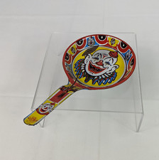 VTG U.S. Metal Toy Clown Face Litho Tin Noisemaker Toy Paddle Clacker Creepy