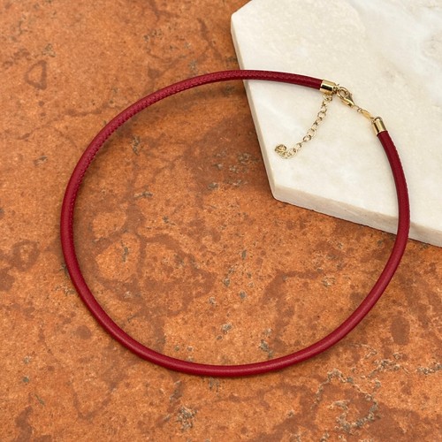 14KT Yellow Gold Dark Red Leather Cord Necklace 3mm NEW 13.5" ~ 15.5" Choker - Picture 2 of 7