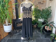 Vintage 80s Black Crepe Gold Embroidered Asymmetrical Dress Cachet Bari Protas