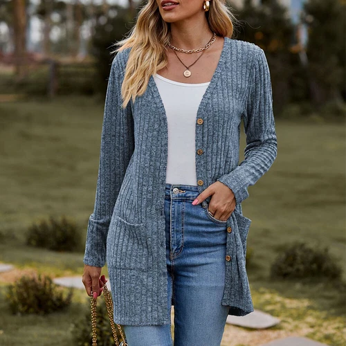 Damen Strickjacke Langarm vorne offen drapiert Pullover Knopfleiste Basic Cardigan - Bild 7 von 32