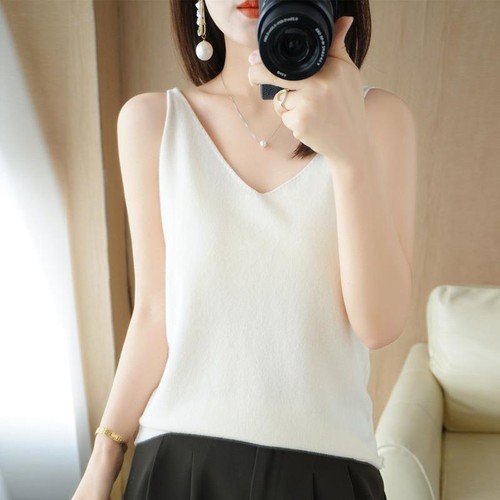 Women V-neck Tank Top Sleeveless Knitted Sweater Vest Casual Solid Soft Tank Top - Picture 4 of 22