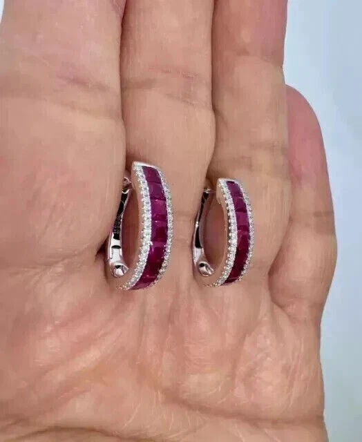 Created Red Ruby 2Ct Princess Diamond Hoop Huggie Earrings 14K White Gold Plated - Image 3 of 4
