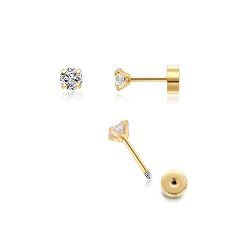 14K Solid Yellow Gold 1MM x 7MM Tiny Bar CZ Screw Back Stud