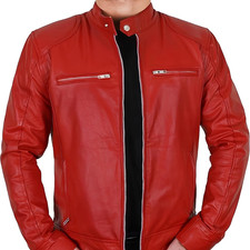 Men's Red Genuine Leather Biker Motorcycle Jacket Slim Fit Casual Coat