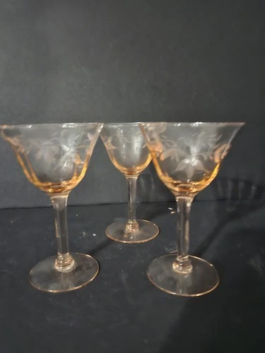 3  Vintage Pink Depression Liqueur/ Cordial Etched Glasses