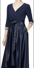 Alex Evenings Women Satin Ballgown Dress Pockets Surplice Neck Petite Size 6