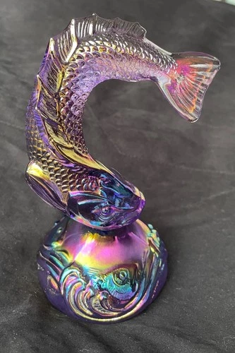 Fenton Art Glass Lavender Carnival Jumping Fish 5" Figurine with original box