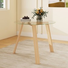 Image of Glass Dining Table for 4-Natural 35.5” Circle Kitchen Table Round