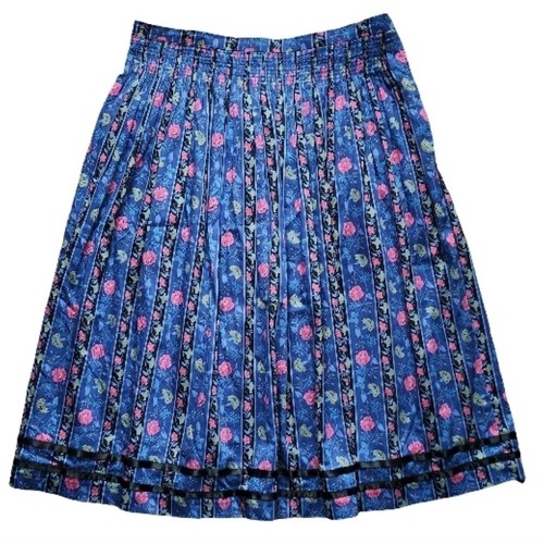 Vintage Alpen Trachten Floral Pleated Skirt Blue Cotton Oktoberfest Medium
