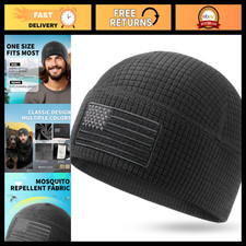 Black Grid Fleece Beanie with American Flag Embroidery - Warm Skull Cap
