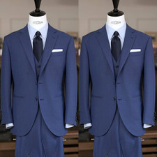 Navy Blue Men Suits Workwear Tailored 3Pcs Evening Jacket Pants Vest Office