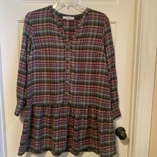 LOFT Womens Dress L Green Pink Plaid Long Sleeve Tiered Shift V Neck Button 