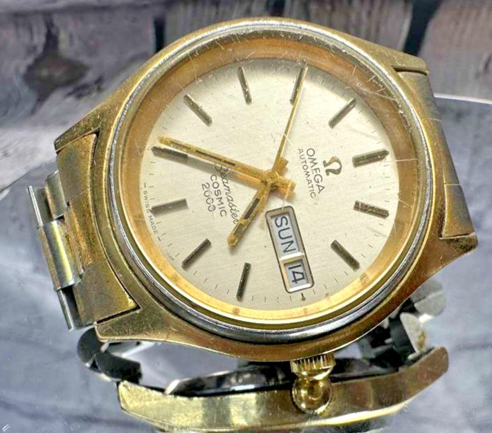 1970s Omega Seamaster Cosmic 2000 Automatic Watch Calend 18k Gold Shell Selfwind