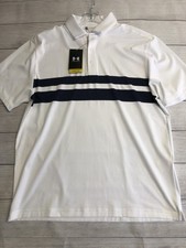 Under Armour Polo Shirt Mens Large White Navy Stripe Golf UPF 30 Performance