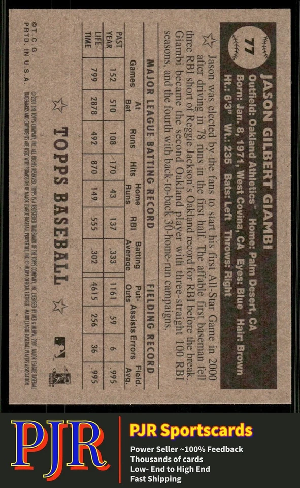 Jason Giambi 2001 Topps Heritage #77b Oakland Athletics Black Back - Image 2 of 2