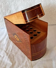 VTG Inlaid Cigarette Dispenser Wooden Box Marquetry Pop Open- 21 cigarette holes