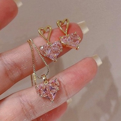Love Heart Earrings and Necklace Set Elegant Handmade Crystal Pink
