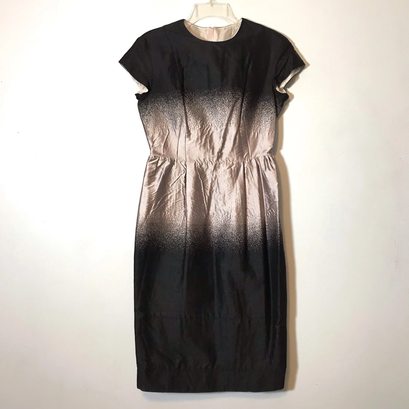 Abito vintage Prada rosa seta ombreggiata lana tecnica mista matita ginocchio nero taglia 42