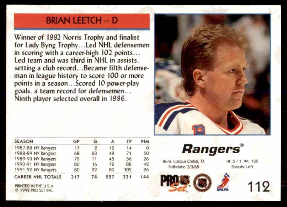 1992-93 PRO SET BRIAN LEETCH NEW YORK RANGERS #112 - Image 2 of 2