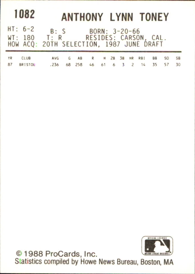 Andy Toney 1988 ProCards #1082 RC Fayetteville Generals *AutographDen* - Image 2 of 2