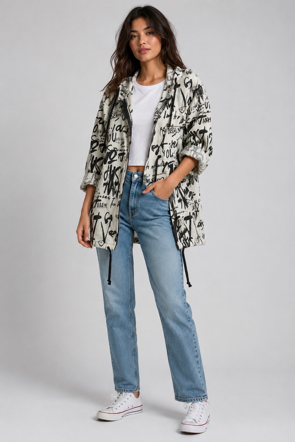 Women’s Cream Graffiti Hooded Jacket Black Script Lightweight Zip Up Coat