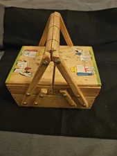 VTG Mexican Accordion Wood Fold Out Sewing Box Basket Hand Painted trinkets Folk