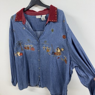 Fall Vintage Embroidered Jean Button Up Women s White Stag Pumpkin Squirrel XL