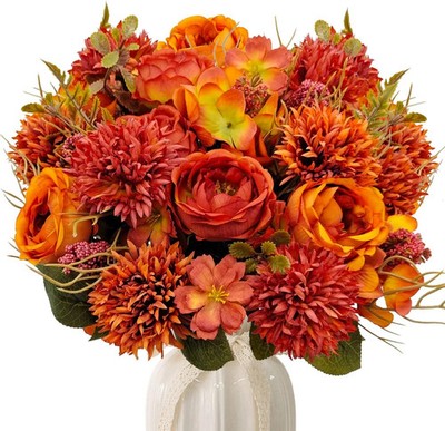 2 Bundles Fall Artificial Flowers Bouquet Fake Peony Silk Chrysanthemums Autumn