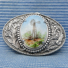 Western Windmill Art Belt Buckle Floral Scroll Cowboy Cowgirl Vtg 80s 90s.CPA906