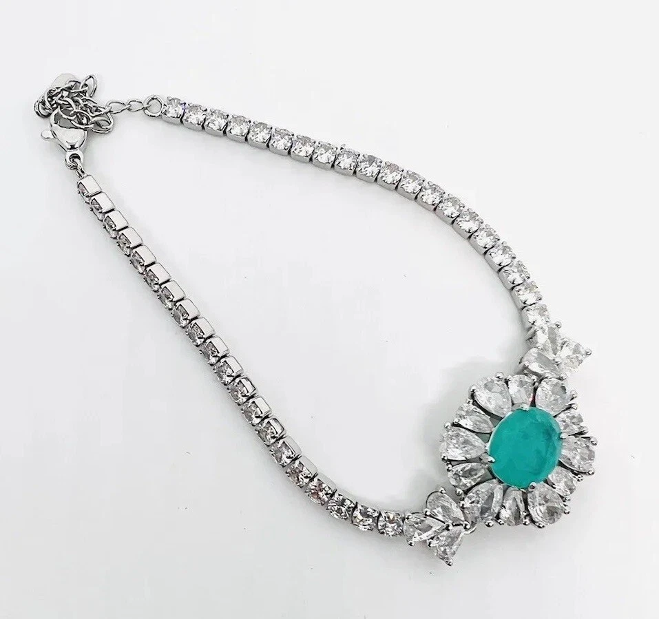 Sparkling “Flawed” Aquamarine Glass & CZ Tennis Link Bracelet New - image 3 of 4