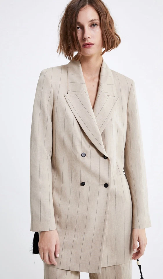 Zara Camel Striped Cord Belted Double Breasted Blazer M UK12 ( Set Available) - Image 2 of 4