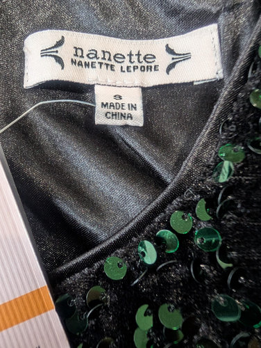 Nanette Lepore Top Green Sequins Short Puff Sleeve Round Neck Zip Lined Sz S NWT - Picture 7 of 8