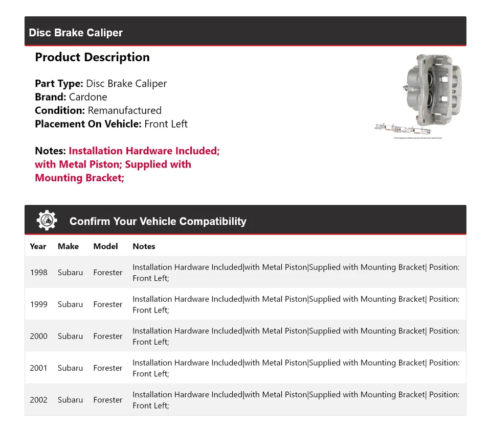 Pinza de freno de disco delantera izquierda cardone 1999 2000 para Subaru Forester 1998-2002 Foto 2 de 4