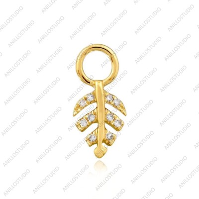 Pave Natural Diamond Petite Leaf Charm for Huggies, Necklace, Bracelet 14k Gold