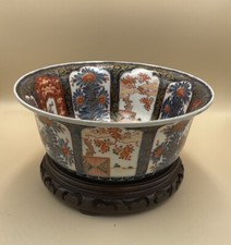 Antique Japan Hand Painted IMARI Signed Large Porcelain Bowl 11” Rosewood Stand