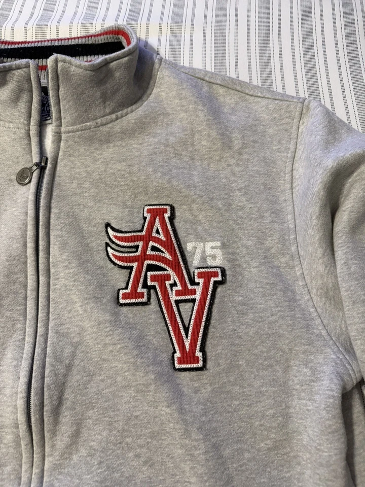 Moletom masculino Avirex zíper completo casual peso pesado lã cinza tamanho M ponto de remendo - Imagem 3 de 4