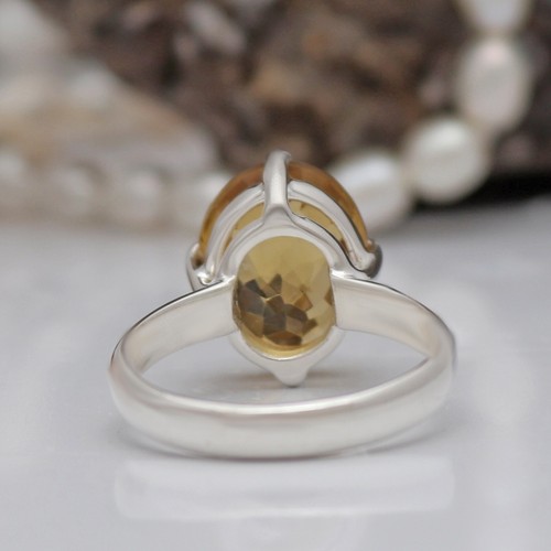 Anello in argento sterling al quarzo birra taglio a scacchi naturale con set ... - Foto 5 di 7