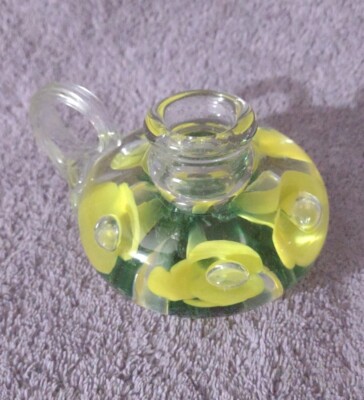 Joe St Clair Art Glass Paperweight Candle Holder Yellow Flowers - Marked